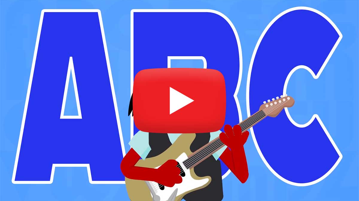 Animated guitarist standing in front of the letters a, b, c.